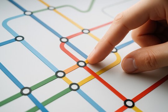 Close-up of hand pointing on abstract colorful subway map with intersecting lines and stations on light background, symbolizing transport connection. Ai generative