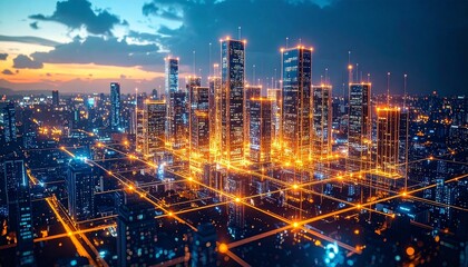 Fototapeta premium Futuristic city with glowing grid and twilight skyline
