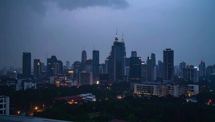 Obraz premium Twilight cityscape in Kuala Lumpur showcases modern architecture and urban skyline