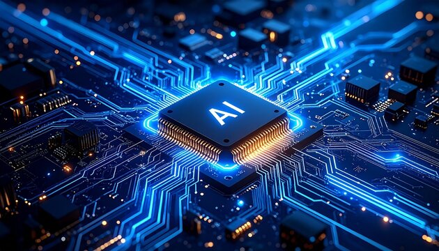 AI chip on circuit board with glowing blue connections