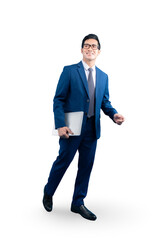 Full body asian businessman  wearing a blue suit and glasses, holding a laptop and smiling on PNG background