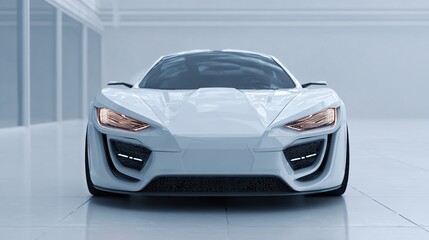Sleek white sports car in a minimalist white showroom