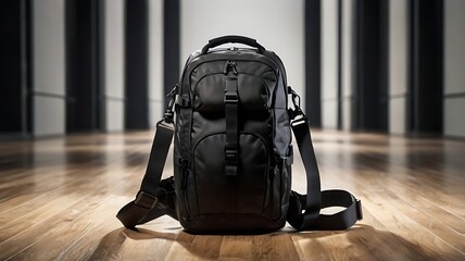 A black backpack with shoulder straps sitting on a shiny wooden floor in a modern looking room