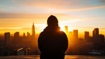 Sunrise reflection a person contemplates life amidst the urban skyline new york city photography early morning inspirational scene