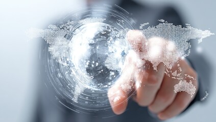 A hand points at a holographic world map