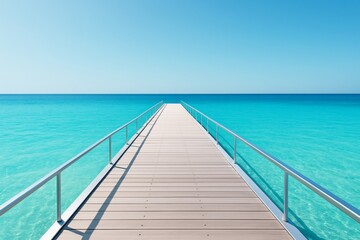 Obraz premium Wooden pier extending into turquoise sea under clear blue sky, tranquil summer beach scene, perfect for travel and vacation concepts. Ai generative