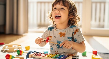 A young boy with curly hair sits on the floor playing a colorful xylophone with mallets, looking up and smiling with mouth open in a sunlit room.