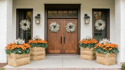 A charming autumnal porch display features a wooden door, decorative wreaths, and vibrant orange and white chrysanthemum arrangements in hay bales.