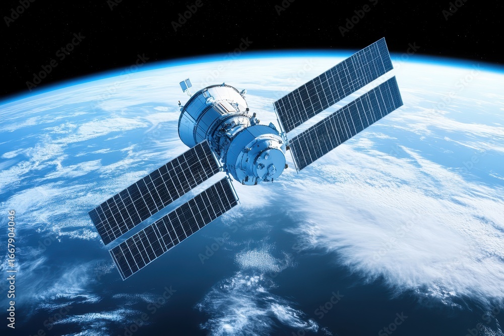 Poster satellite orbits earth with expansive view of atmosphere and clouds