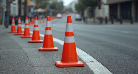 Row of Orange Cones, Concrete and Asphalt A Study of Line, Shape, and Texture.