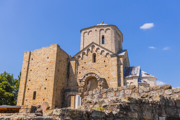 Obraz premium Historic Serbian Orthodox church of St. George in Stari Ras, featuring a stone dome, aged masonry, and radiant summer light—an enduring symbol of cultural heritage. Novi Pazar, Serbia.