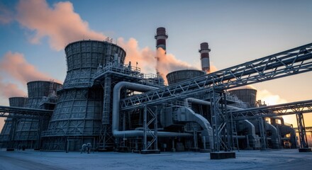 Obraz premium Industrial heating power plant with smoking chimneys at cold winter morning. Electricity generation building for heating system.