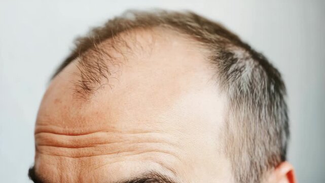Balding male forehead with wrinkles and thinning hair showing hair loss and aging skin close up scalp skin texture close up highlighting hair loss and aging skin with thinning hair and wrinkles