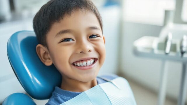 Smiling boy in dental chair with protective dental bib showing healthy teeth and happy expression during pediatric dental checkup at bright health clinic