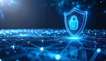 Glowing cybersecurity shield with padlock in digital network