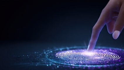 Fingertip scans a glowing, digital fingerprint