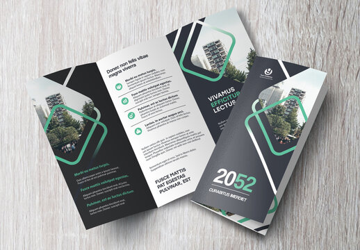 Corporate brochure design template &ndash; Professional modern tri-fold leaflet with geometric layout and business theme in Green and Black