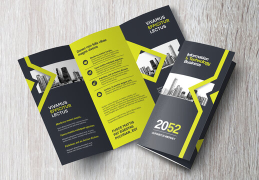 Corporate brochure design template &ndash; Professional modern tri-fold leaflet with geometric layout and business theme in Yellow and Black