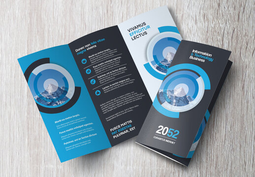 Corporate brochure design template &ndash; Professional modern tri-fold leaflet with geometric layout and business theme in Blue and Black
