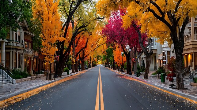 Fall season street with vibrant autumn leaves on the ground, wide open road and trees lining both sides, perfect for inspirational or travel quotes in a peaceful autumn landscape.