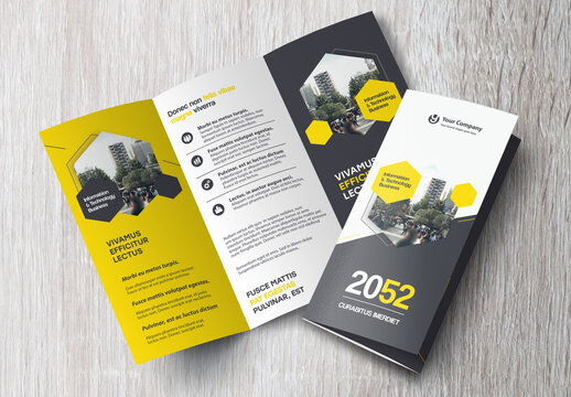 Corporate brochure design template &ndash; Professional modern tri-fold leaflet with geometric layout and business theme in Yellow and Black