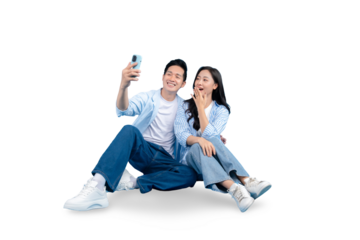 A happy Asian couple takes a selfie on PNG background