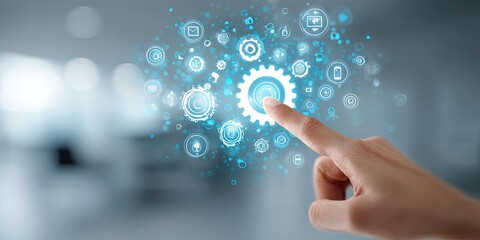 A fingertip interacts with a digital gear, surrounded by glowing blue icons representing interconnected systems and processes within a blurred background