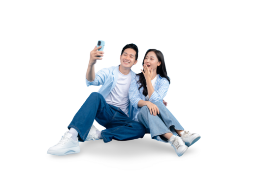 A happy Asian couple takes a selfie on PNG background