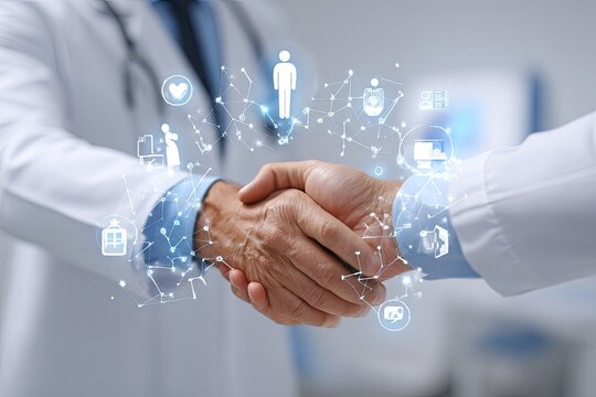 Two doctors in white coats shake hands, a digital network of healthcare icons surrounding their clasped hands, suggesting collaboration and technological advancement in medicine