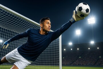 Goalkeeper making spectacular save under stadium lights during intense night football match, capturing fast moment of action and determination. Ai generative
