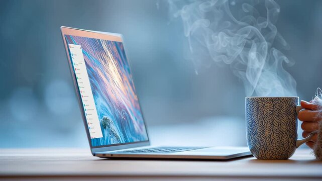 Laptop computer business pitch deck preparation with steaming coffee cup wooden table creating cozy focused work environment steam