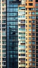 Naklejka premium Close-up view of modern high-rise buildings, various colors and textures