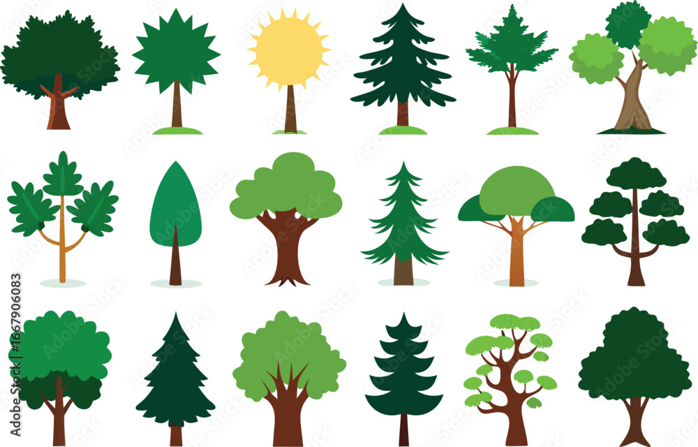 Poster collection of 20 diverse vector tree illustrations for scalable design projects