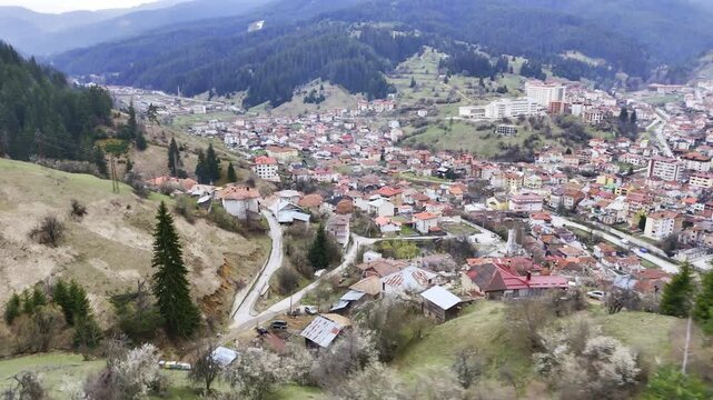Aerial 4K Drone Footage of Chepelare Town in the Rhodope Mountains, Bulgaria