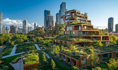 Fototapeta premium panoramic view of a contemporary, eco-friendly urban skyline, showcasing sustainable buildings with green roofs, advanced infrastructure, and energy-efficient designs that promote, Generative AI