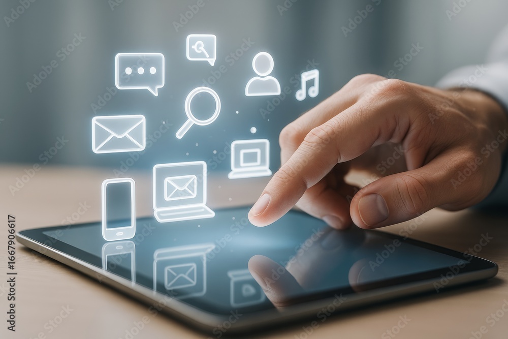 Aufkleber human hand interacting with futuristic digital interface on tablet with glowing application icons on