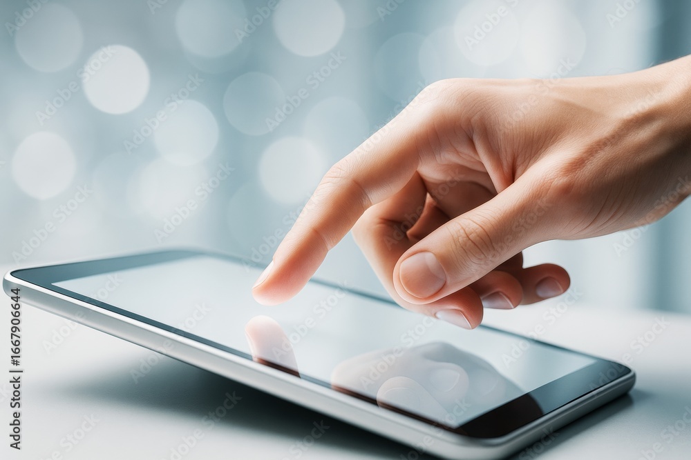 Aufkleber close-up of hand touching tablet screen with modern bokeh light background showing interaction with 