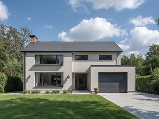Modern Residence. Geometric Facade with Textured Walls and Serene Green Surroundings.