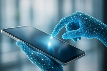 Futuristic digital hands interacting with tablet device against modern tech background, symbolizing innovation and user interface technology concepts.