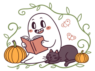 Cartoon ghost reading with black cat, pumpkins and vine border, cute Halloween clipart, transparent background.
