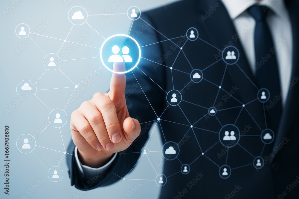 Poster businessman touching digital social network icon with glowing connection nodes on light tech backgro