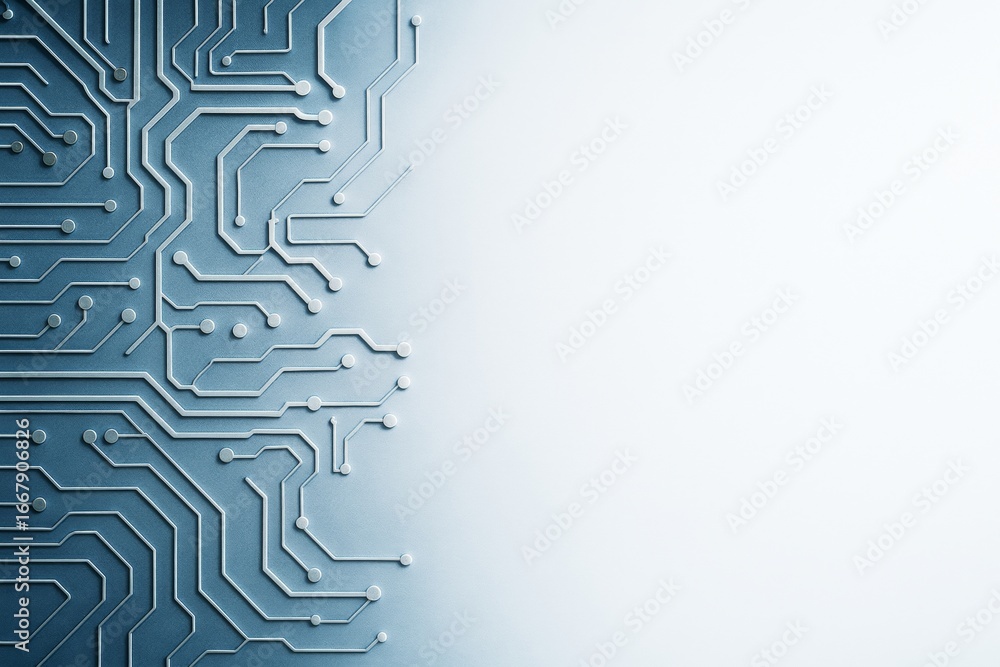 Poster abstract technology circuit background with blue electronic lines on left side and bright light grad