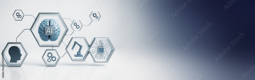 Poster artificial intelligence brain and technology icons on hexagons with gradient background for innovati