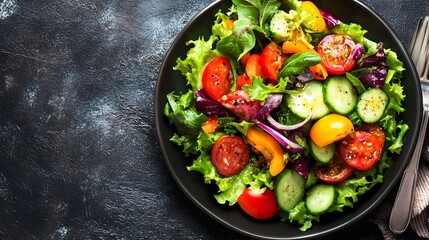 Fresh garden salad in a black bowl on a dark surface