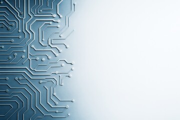 Abstract technology circuit background with blue electronic lines on left side and bright light gradient on right side over white space concept.
