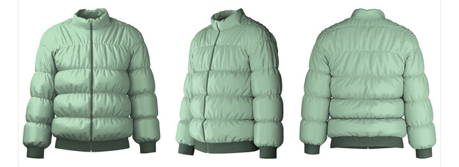 Realistic 3D rendering of a light green puffer jacket design © puruan