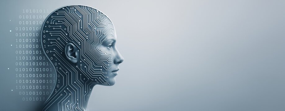 Futuristic human face with circuit board patterns symbolizing artificial intelligence and digital integration on a light background.