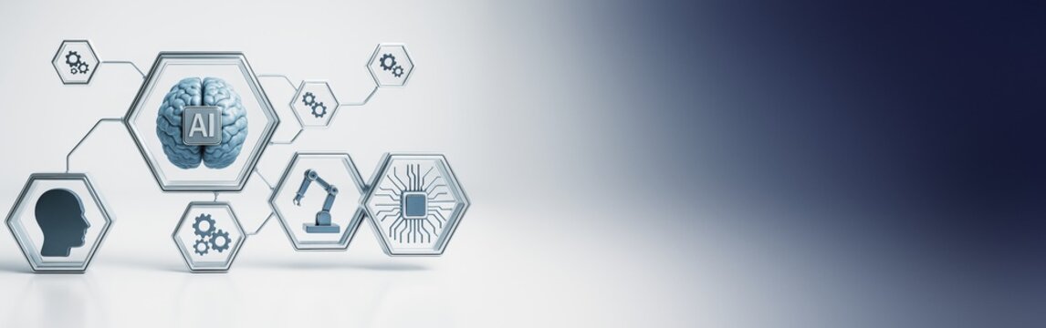 Artificial intelligence brain and technology icons on hexagons with gradient background for innovation and futuristic digital banner template concept. - Powered by Adobe