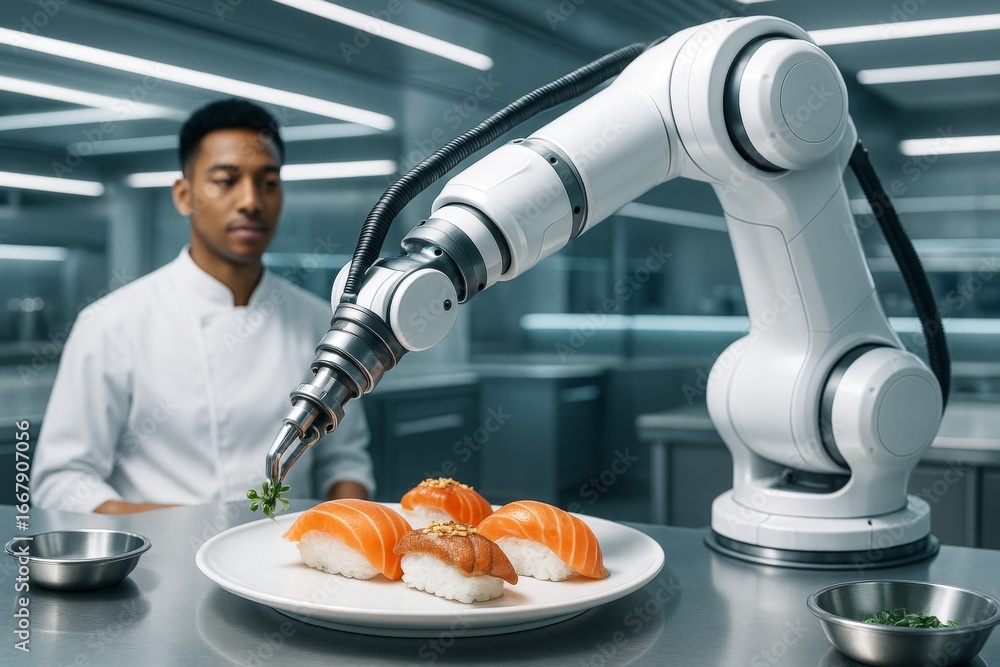 Poster advanced robotic arm preparing sushi in a futuristic kitchen with chef observing in background under
