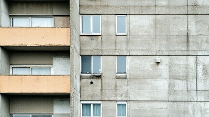 Facade of a weathered concrete high-rise building with balconies and windows